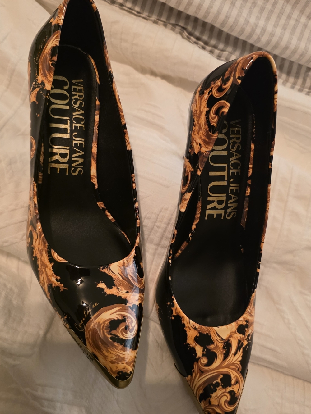 Versace Jeans Collection Black and Gold Baroque Pointed Pumps